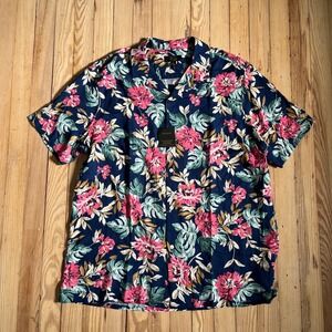 Club Room Luxury Shirt Mens XL Navy Blue Floral Silk Blend Short Sleeve Hawaiian